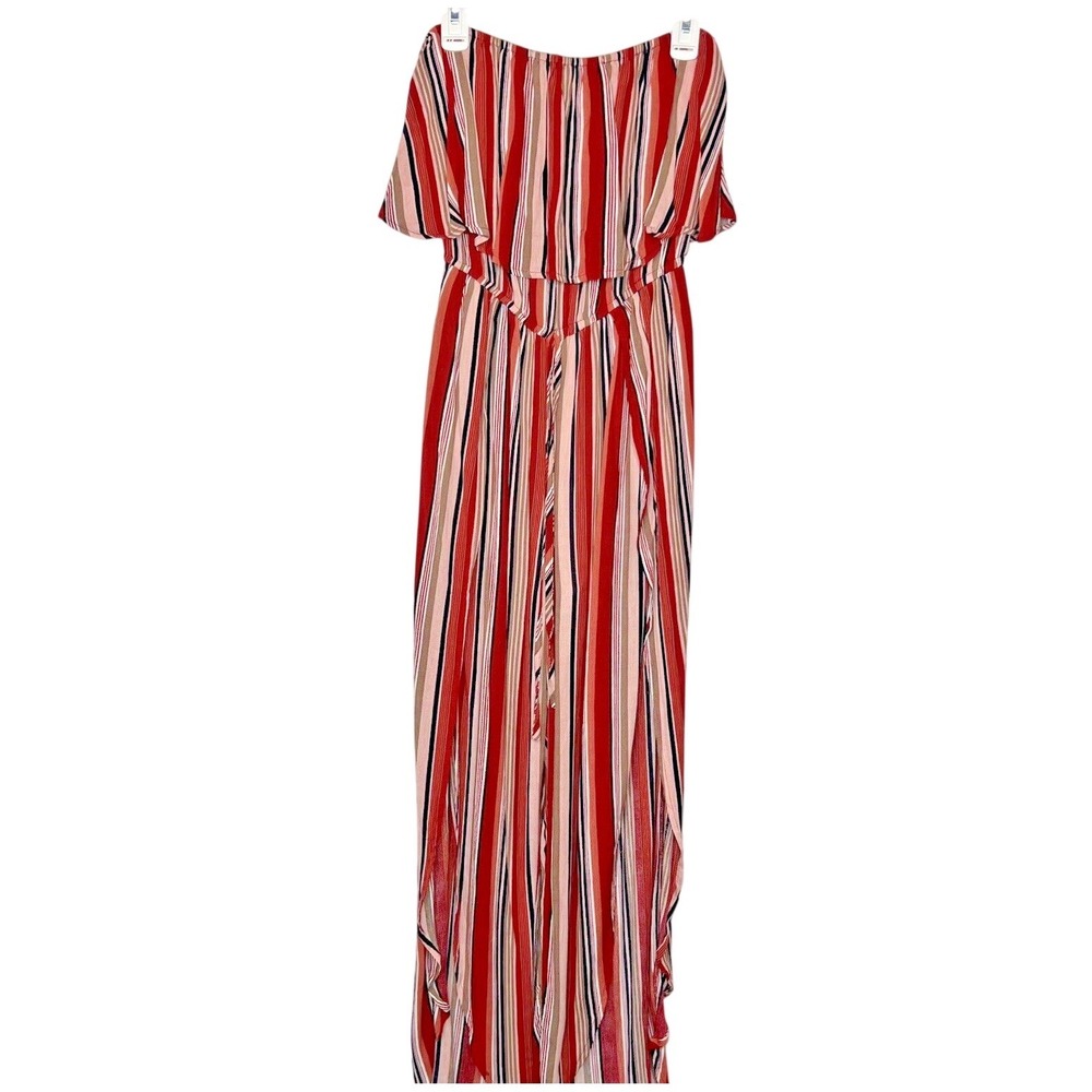 Hers And Mine Romper Small‎ Striped Split Leg Strapless Tube Top Jumpsuit